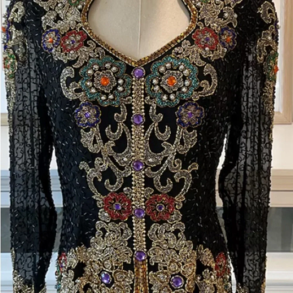 1980s Oleg Cassini Black Tie Multicolor Embellished Top - Picture 7 of 7